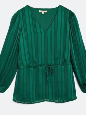 Les Serin V-Neck Long-Sleeve Striped Blouse in Emerald Green